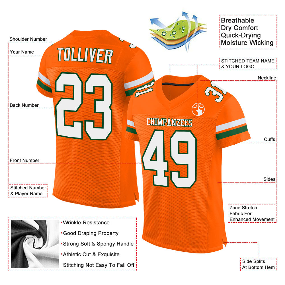 Personalized Orange White-Green Mesh Authentic Football Jersey Team Custom Name and Number Personalized Orange White-Green Mesh Authentic Football Jersey Team Custom Name and Number - Image 2