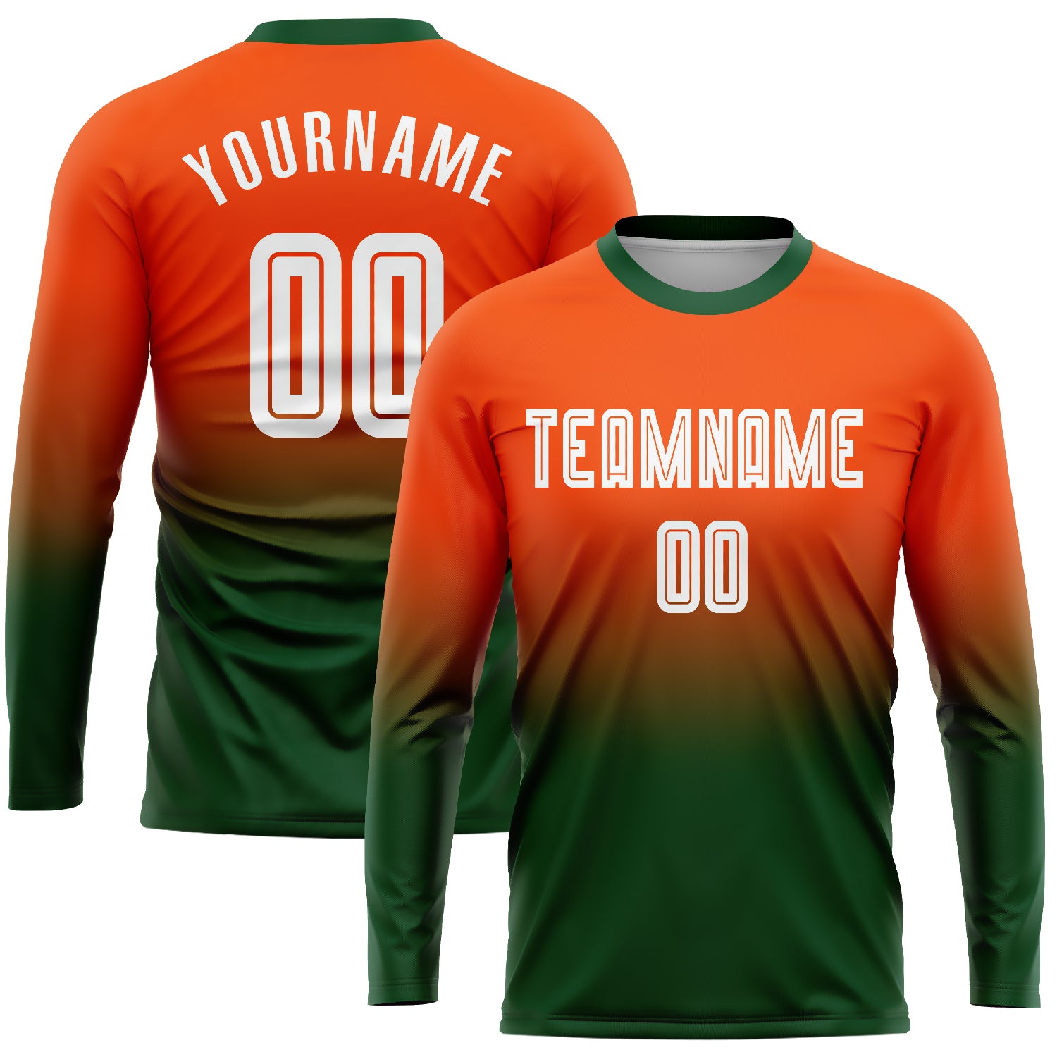 Personalized Orange White-Green Sublimation Long Sleeve Fade Fashion Soccer Uniform Jersey Team Custom Name and Number