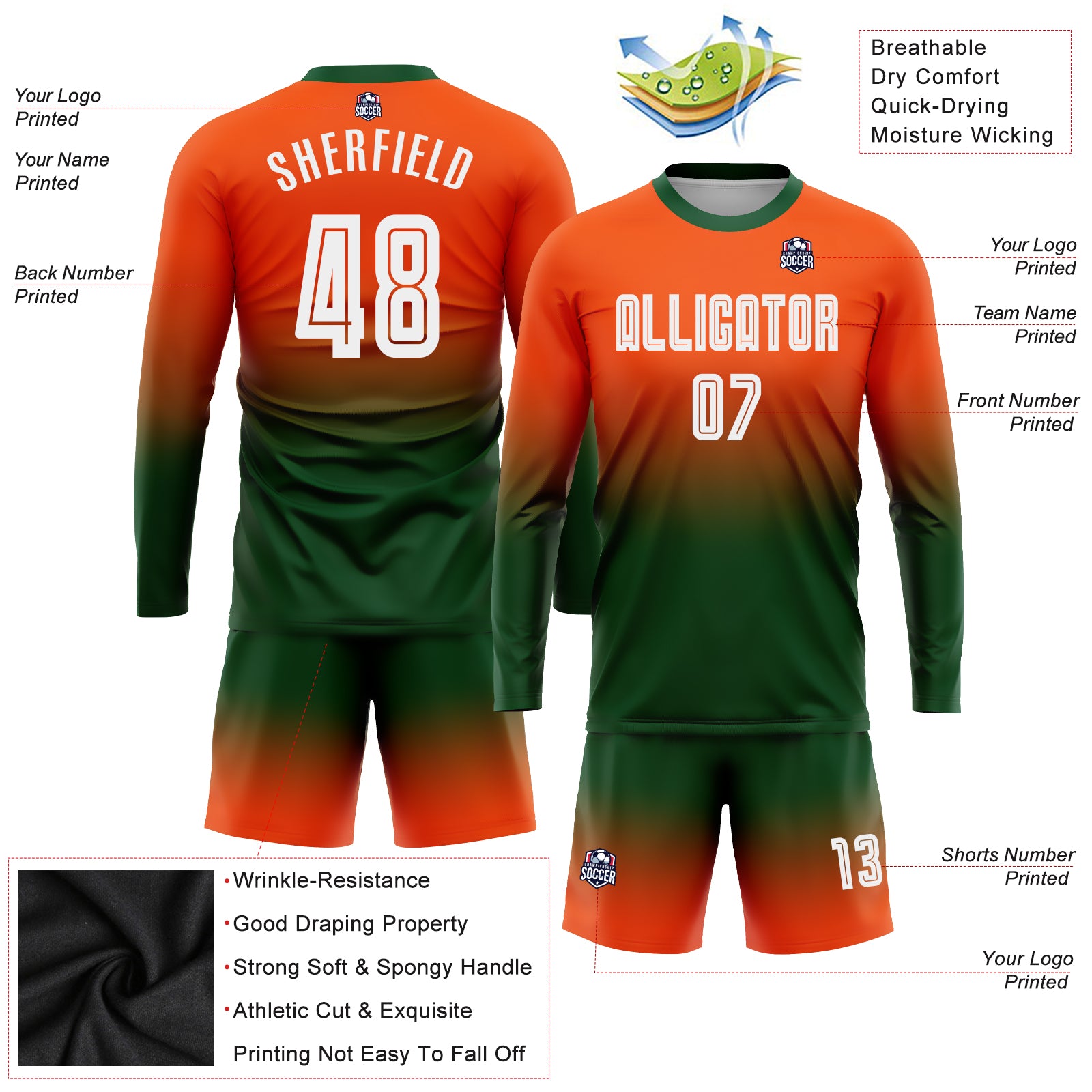 Personalized Orange White-Green Sublimation Long Sleeve Fade Fashion Soccer Uniform Jersey Team Custom Name and Number Personalized Orange White-Green Sublimation Long Sleeve Fade Fashion Soccer Uniform Jersey Team Custom Name and Number - Image 3