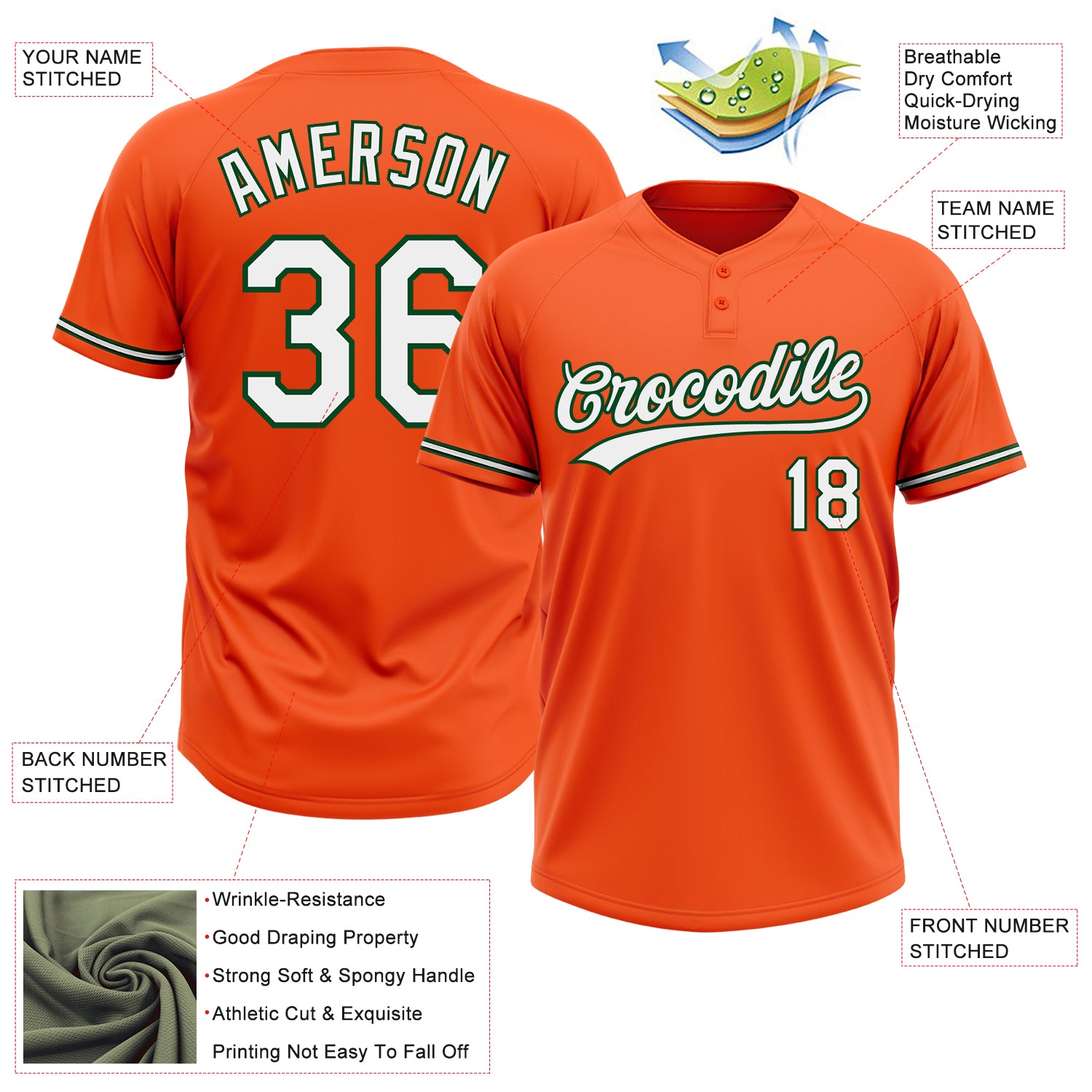 Personalized Orange White-Green Two-Button Unisex Softball Jersey Team Custom Name and Number Personalized Orange White-Green Two-Button Unisex Softball Jersey Team Custom Name and Number - Image 3