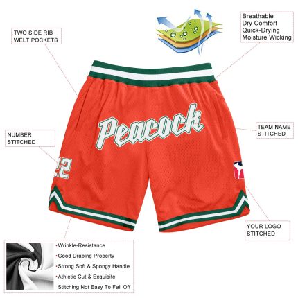 Personalized Orange White-Hunter Green Authentic Throwback Basketball Shorts Team Custom Name and Number
