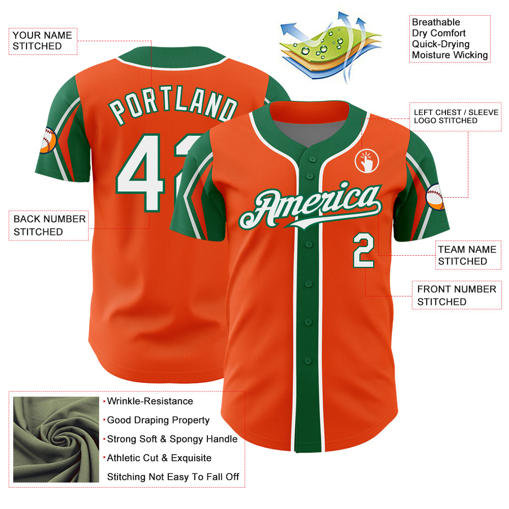 Personalized Orange White-Kelly Green 3 Colors Arm Shapes Authentic Baseball Jersey Team Custom Name and Number Personalized Orange White-Kelly Green 3 Colors Arm Shapes Authentic Baseball Jersey Team Custom Name and Number - Image 4