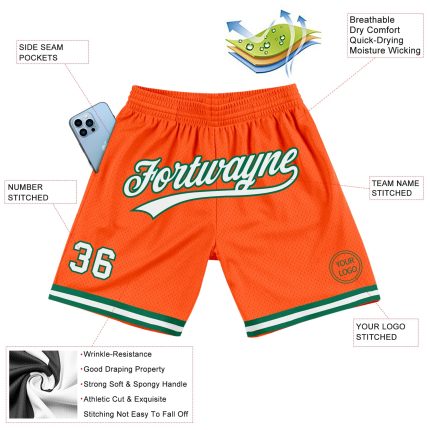 Personalized Orange White-Kelly Green Authentic Throwback Basketball Shorts Team Custom Name and Number