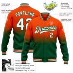 Personalized Orange White-Kelly Green Bomber Full-Snap Varsity Letterman Fade Fashion Jacket Team Custom Name and Number