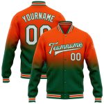 Personalized Orange White-Kelly Green Bomber Full-Snap Varsity Letterman Fade Fashion Jacket Team Custom Name and Number
