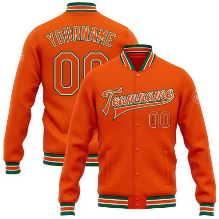 Personalized Orange White-Kelly Green Bomber Full-Snap Varsity Letterman Jacket