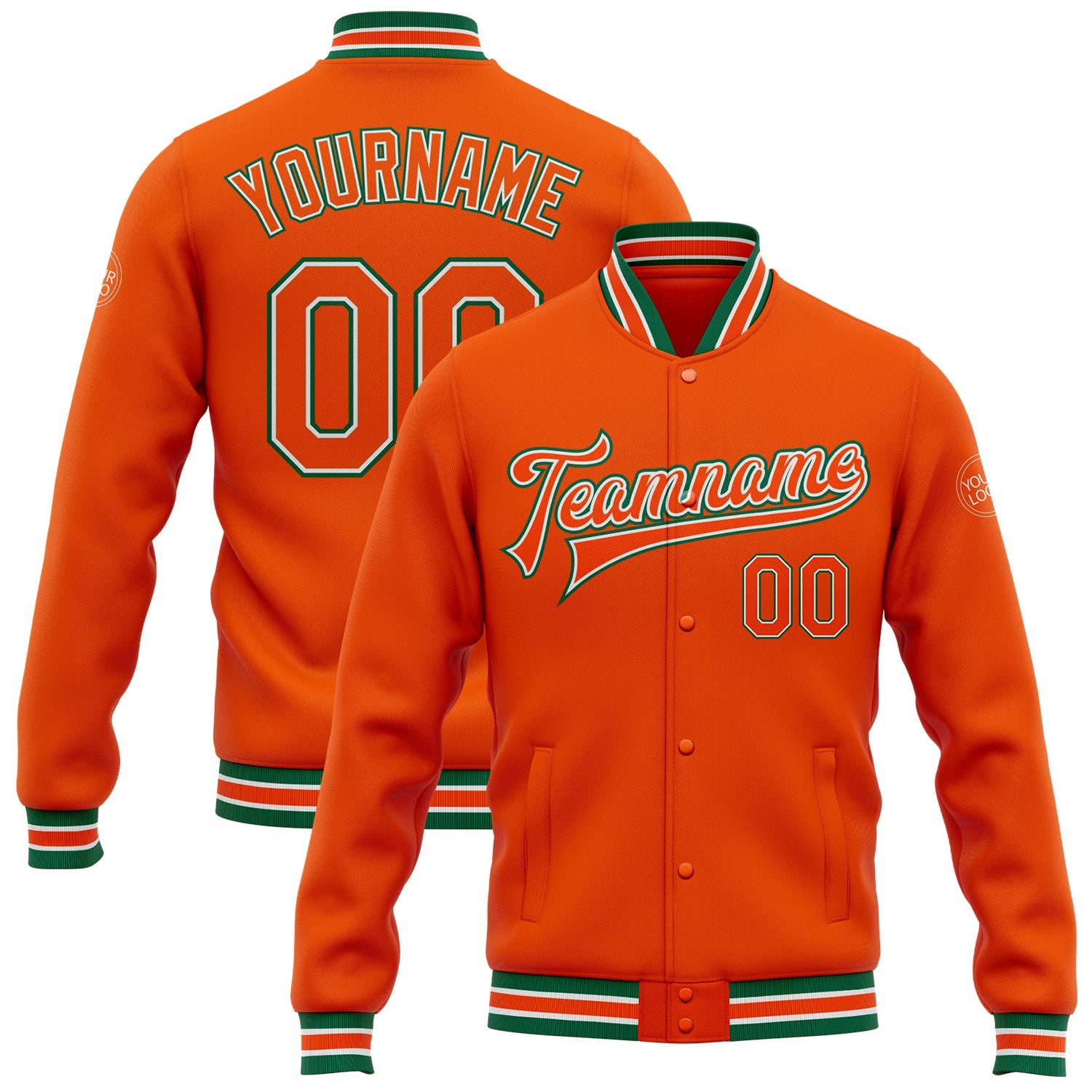 Personalized Orange White-Kelly Green Bomber Full-Snap Varsity Letterman Jacket