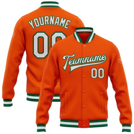 Personalized Orange White-Kelly Green Bomber Full-Snap Varsity Letterman Jacket Team Custom Name and Number