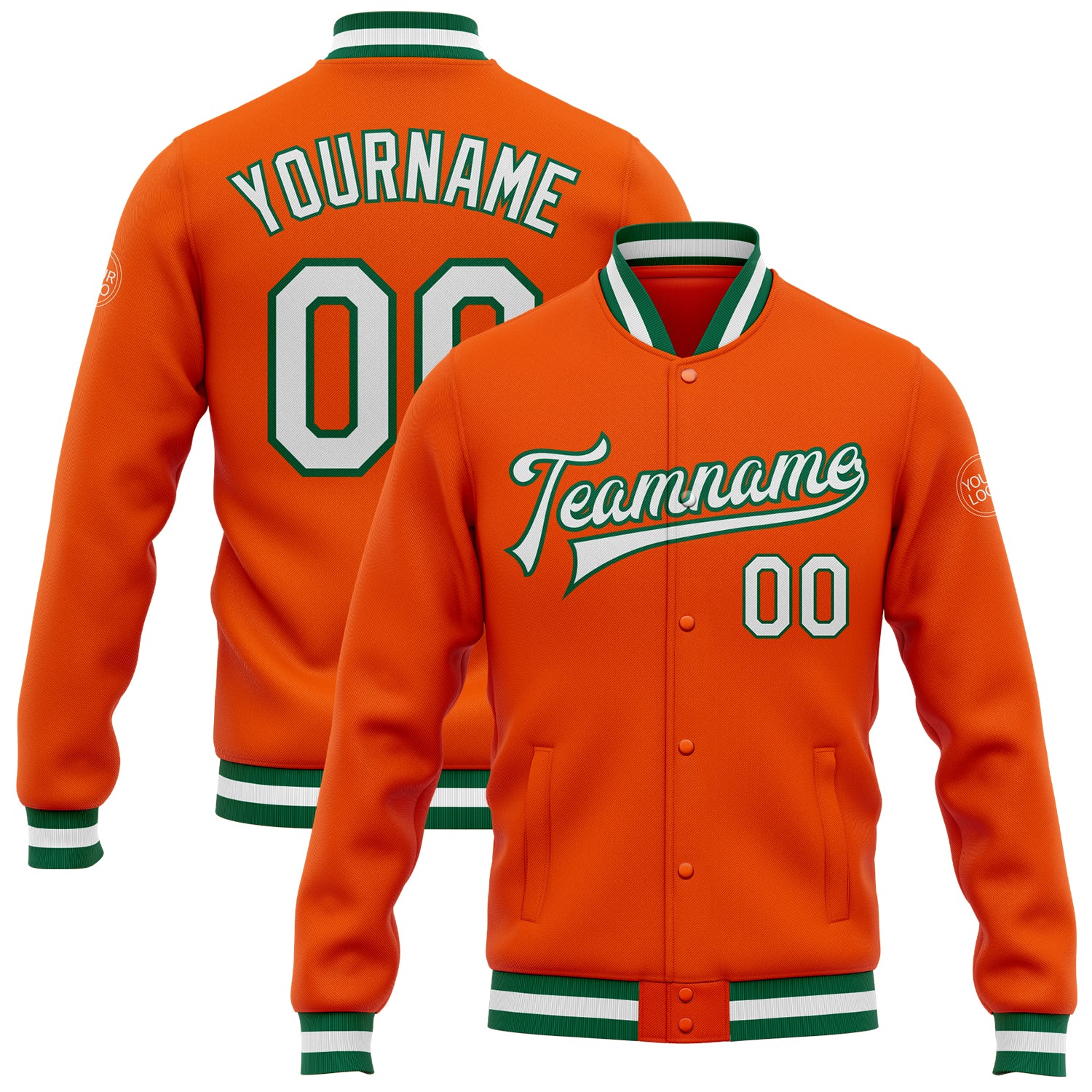 Personalized Orange White-Kelly Green Bomber Full-Snap Varsity Letterman Jacket Team Custom Name and Number