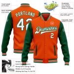 Personalized Orange White-Kelly Green Bomber Full-Snap Varsity Letterman Two Tone Jacket Team Custom Name and Number