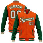 Personalized Orange White-Kelly Green Bomber Full-Snap Varsity Letterman Two Tone Jacket Team Custom Name and Number