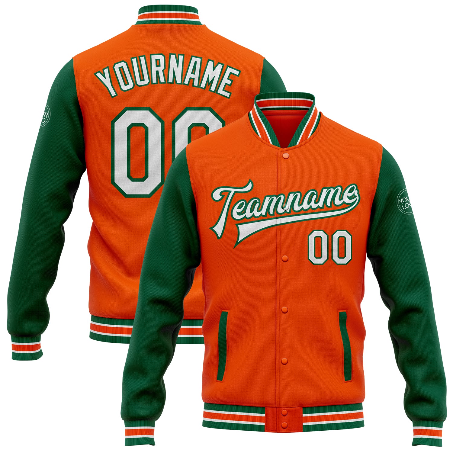 Personalized Orange White-Kelly Green Bomber Full-Snap Varsity Letterman Two Tone Jacket Team Custom Name and Number