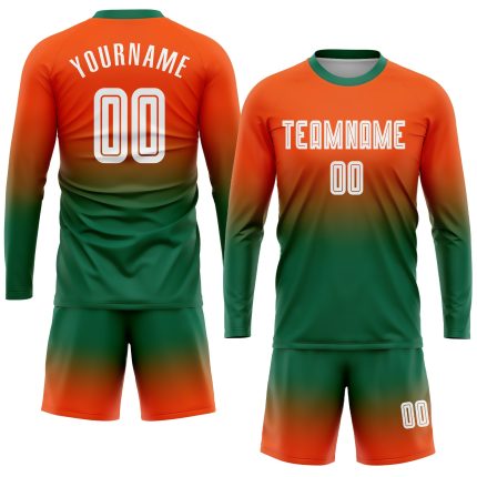 Personalized Orange White-Kelly Green Sublimation Long Sleeve Fade Fashion Soccer Uniform Jersey Team Custom Name and Number