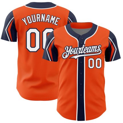 Personalized Orange White-Navy 3 Colors Arm Shapes Authentic Baseball Jersey Team Custom Name and Number