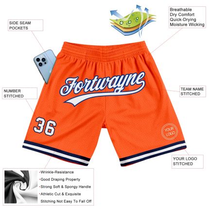 Personalized Orange White-Navy Authentic Throwback Basketball Shorts Team Custom Name and Number