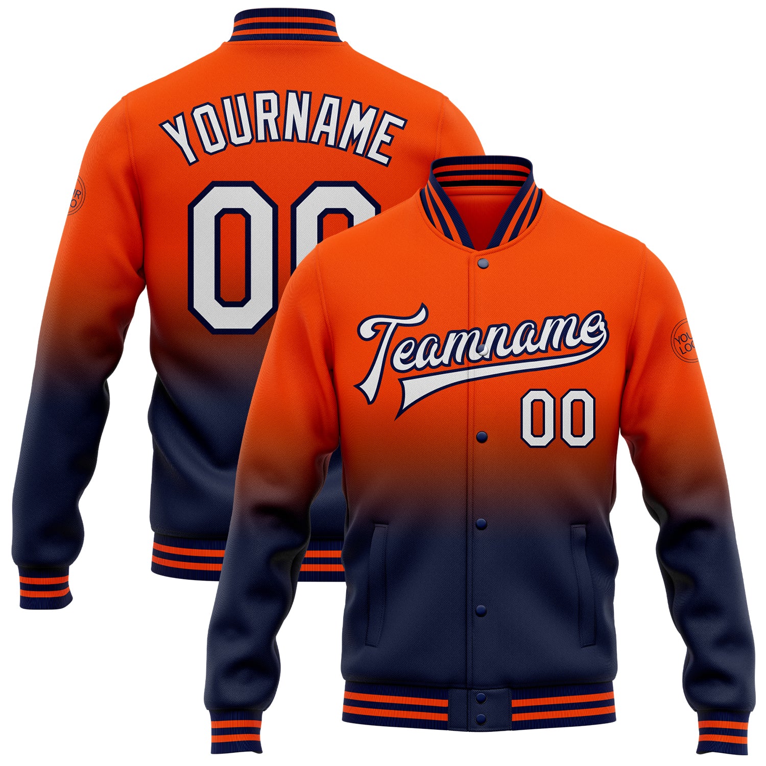 Personalized Orange White-Navy Bomber Full-Snap Varsity Letterman Fade Fashion Jacket Team Custom Name and Number