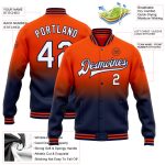 Personalized Orange White-Navy Bomber Full-Snap Varsity Letterman Fade Fashion Jacket Team Custom Name and Number