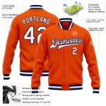 Personalized Orange White-Navy Bomber Full-Snap Varsity Letterman Jacket Team Custom Name and Number