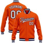 Personalized Orange White-Navy Bomber Full-Snap Varsity Letterman Jacket Team Custom Name and Number