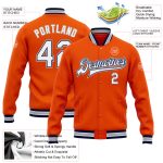 Personalized Orange White Navy-Gray Bomber Full-Snap Varsity Letterman Jacket Team Custom Name and Number