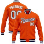 Personalized Orange White Navy-Gray Bomber Full-Snap Varsity Letterman Jacket Team Custom Name and Number