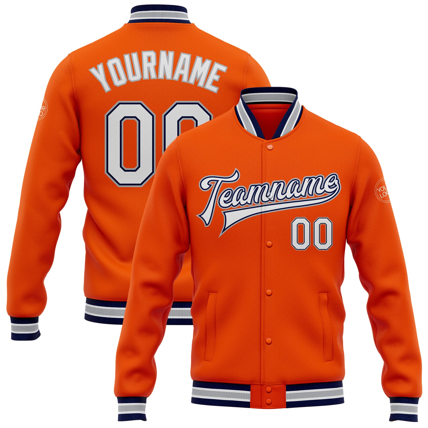 Personalized Orange White Navy-Gray Bomber Full-Snap Varsity Letterman Jacket Team Custom Name and Number
