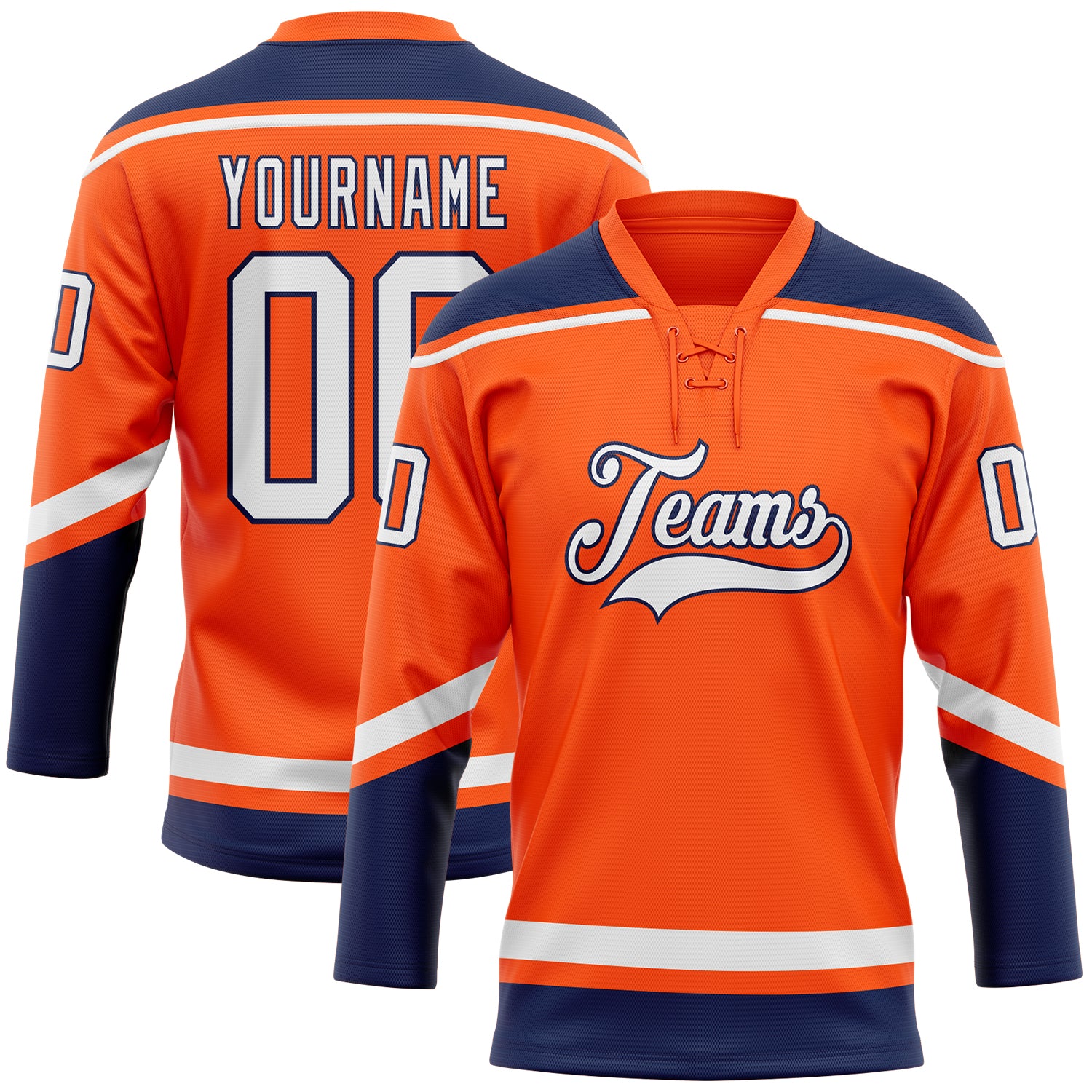 Personalized Orange White-Navy Hockey Lace Neck Jersey Team Custom Name and Number