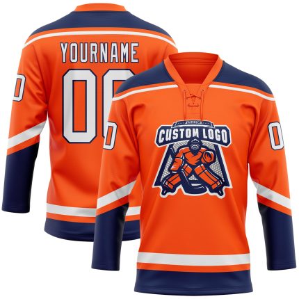 Personalized Orange White-Navy Hockey Lace Neck Jersey Team Custom Name and Number