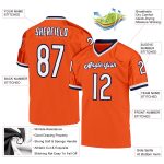 Custom orange, white and navy mesh throwback football jersey, side view