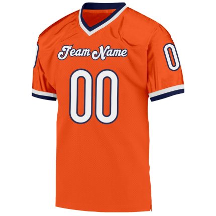 Custom orange, white and navy mesh throwback football jersey, back view