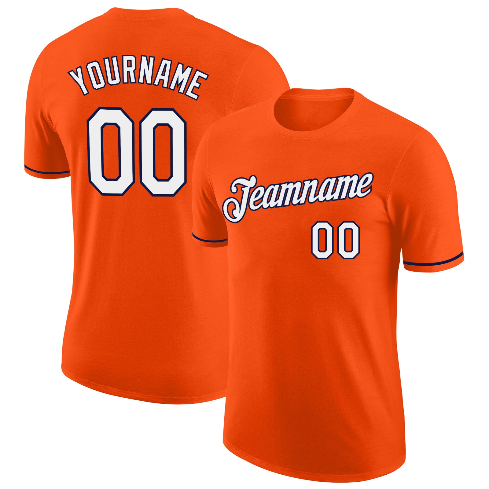 Personalized Orange White-Navy Performance T-Shirt Team Custom Name and Number