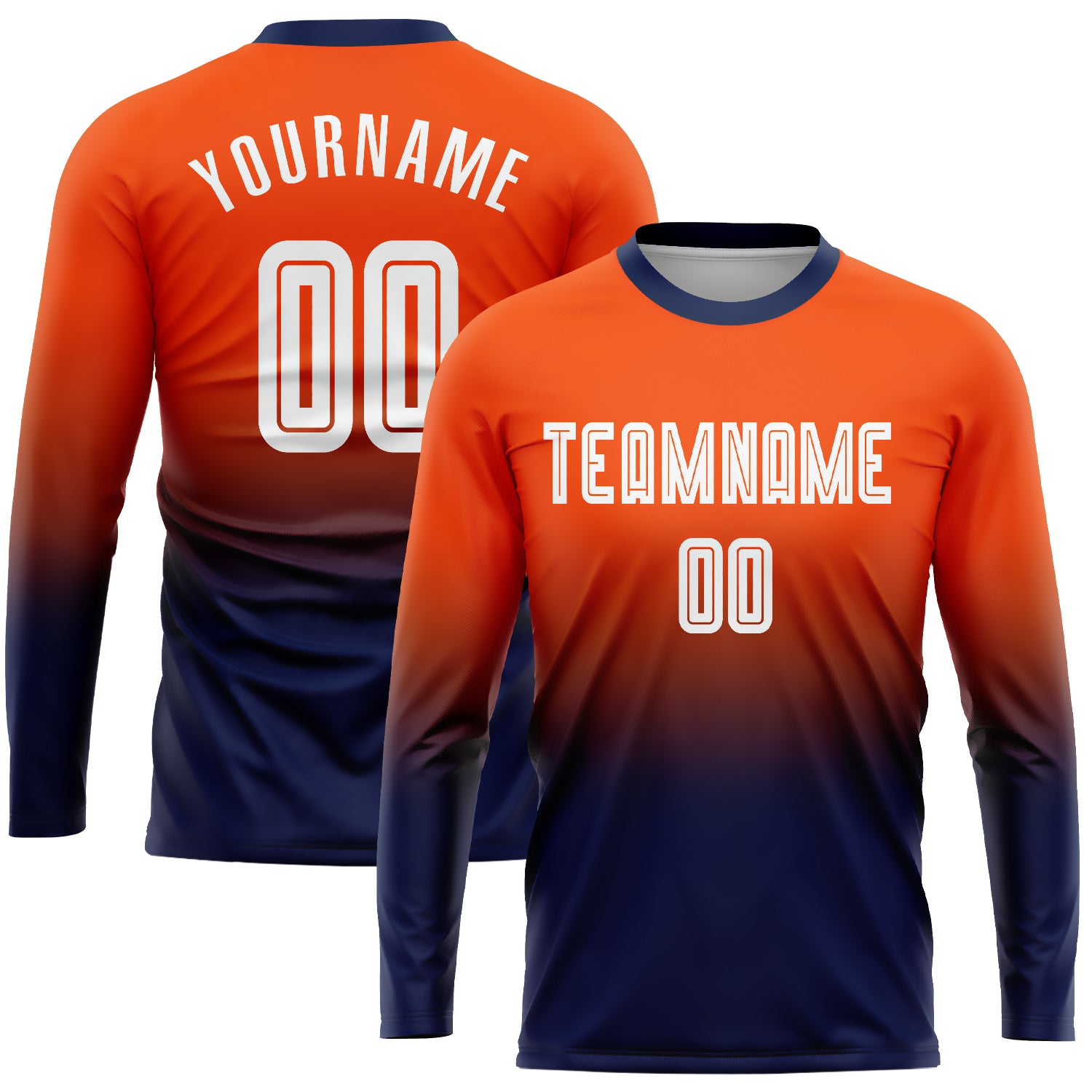 Personalized Orange White-Navy Sublimation Long Sleeve Fade Fashion Soccer Uniform Jersey Team Custom Name and Number