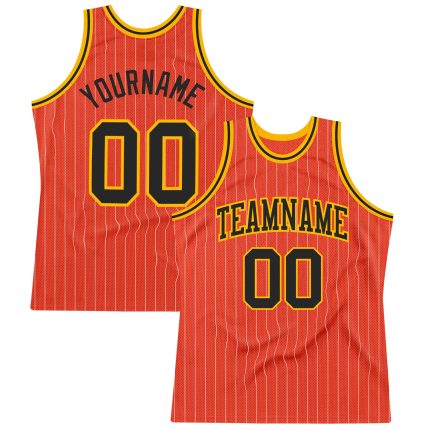 Personalized Orange White Pinstripe Black-Gold Authentic Basketball Jersey Team Custom Name and Number
