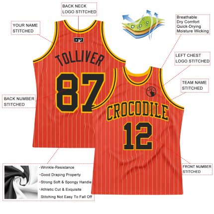 Personalized Orange White Pinstripe Black-Gold Authentic Basketball Jersey Team Custom Name and Number