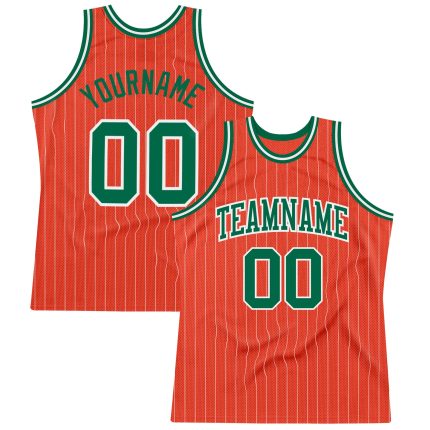 Personalized Orange White Pinstripe Kelly Green Authentic Basketball Jersey Team Custom Name and Number