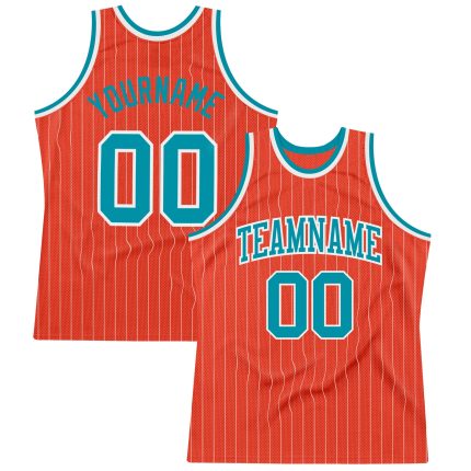 Personalized Orange White Pinstripe Teal Authentic Basketball Jersey Team Custom Name and Number