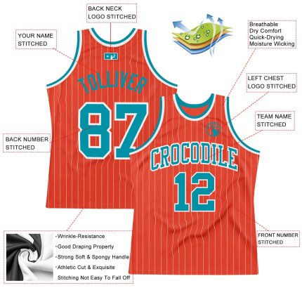 Personalized Orange White Pinstripe Teal Authentic Basketball Jersey Team Custom Name and Number