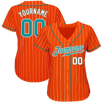 Personalized Orange White Pinstripe Teal-White Authentic Baseball Jersey Team Custom Name and Number