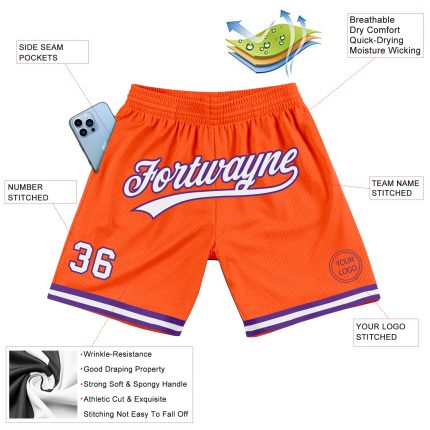 Personalized Orange White-Purple Authentic Throwback Basketball Shorts Team Custom Name and Number