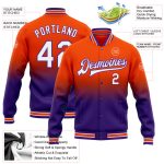 Personalized Orange White-Purple Bomber Full-Snap Varsity Letterman Fade Fashion Jacket Team Custom Name and Number