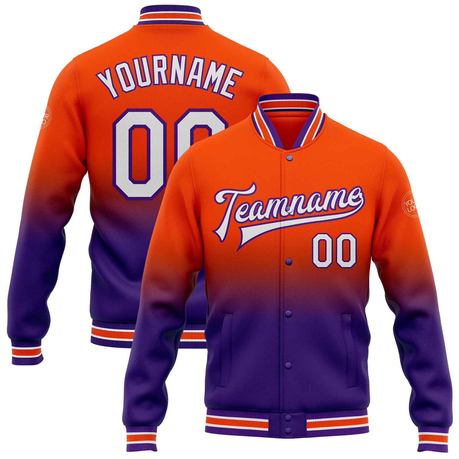Personalized Orange White-Purple Bomber Full-Snap Varsity Letterman Fade Fashion Jacket Team Custom Name and Number