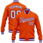 Personalized Orange White-Purple Bomber Full-Snap Varsity Letterman Jacket Team Custom Name and Number
