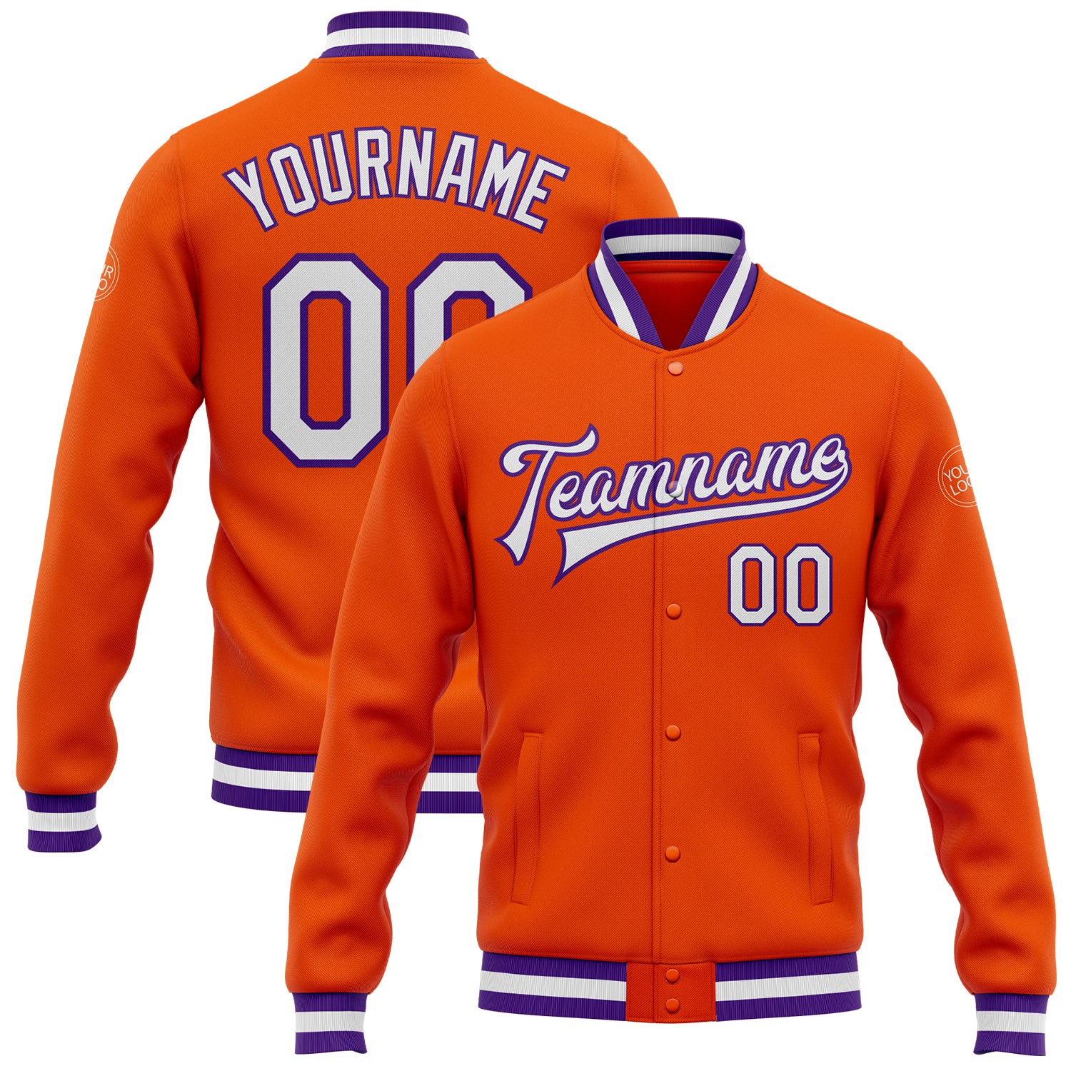 Personalized Orange White-Purple Bomber Full-Snap Varsity Letterman Jacket Team Custom Name and Number