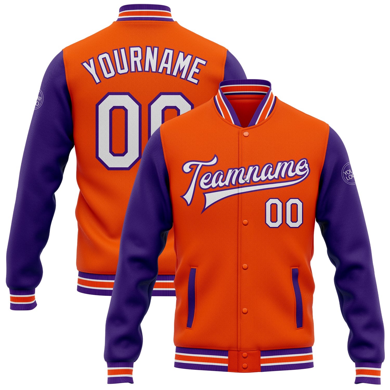 Personalized Orange White-Purple Bomber Full-Snap Varsity Letterman Two Tone Jacket Team Custom Name and Number
