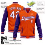 Personalized Orange White-Purple Bomber Full-Snap Varsity Letterman Two Tone Jacket Team Custom Name and Number