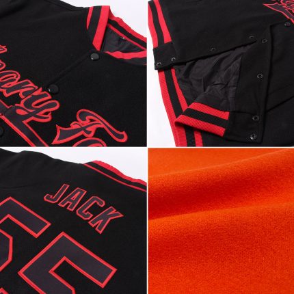 Personalized Orange White-Purple Bomber Full-Snap Varsity Letterman Two Tone Jacket Team Custom Name and Number