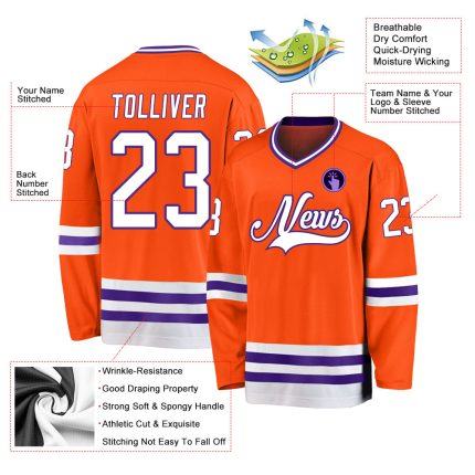 Personalized Orange White-Purple Hockey Jersey Team Custom Name and Number