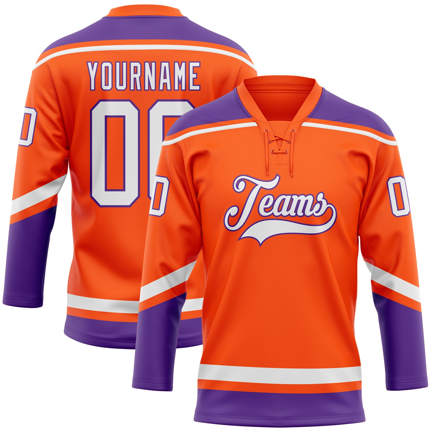 Personalized Orange White-Purple Hockey Lace Neck Jersey Team Custom Name and Number