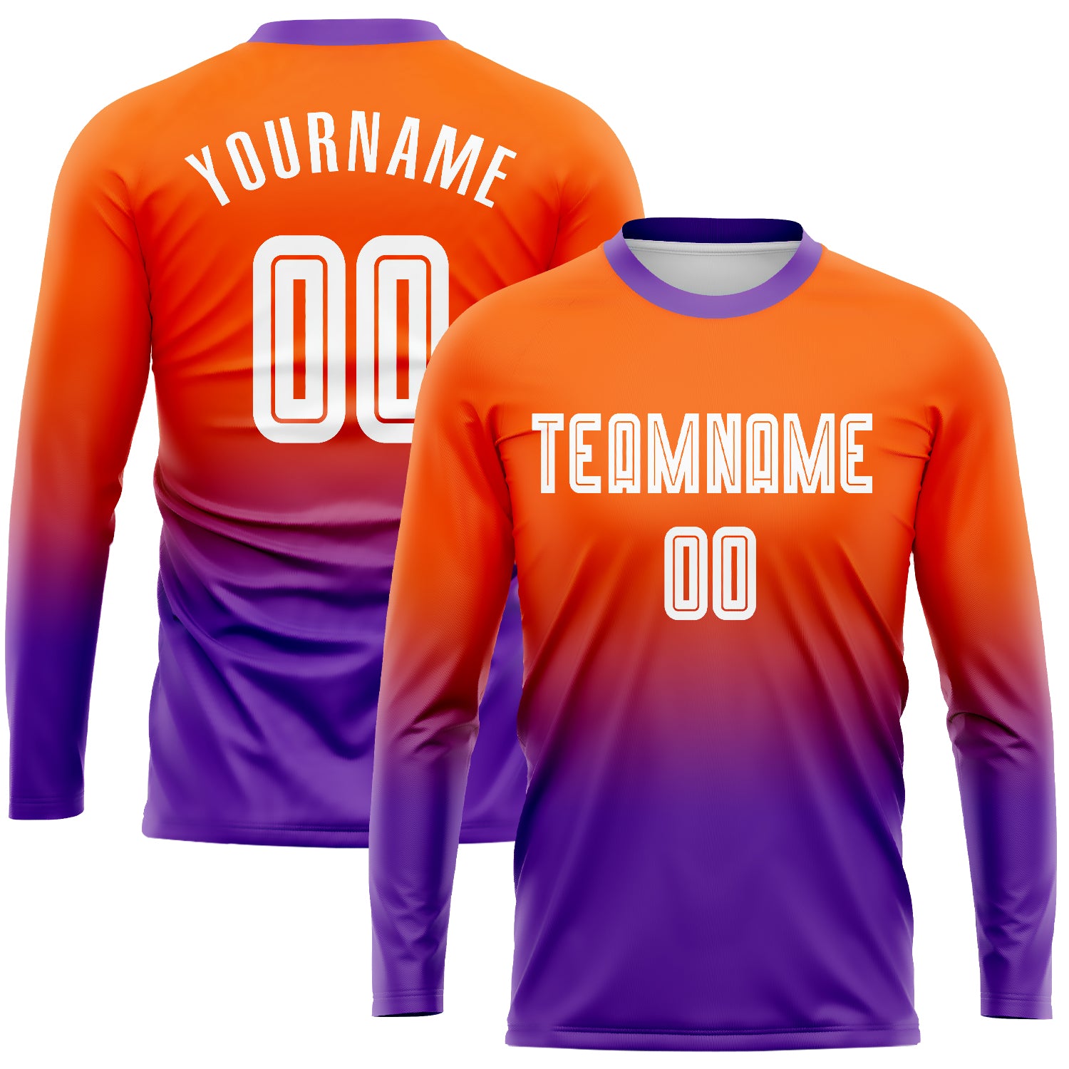 Personalized Orange White-Purple Sublimation Long Sleeve Fade Fashion Soccer Uniform Jersey Team Custom Name and Number