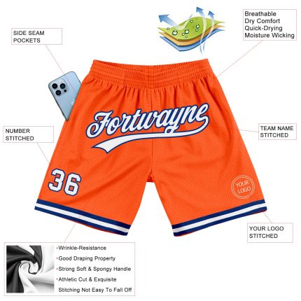 Personalized Orange White-Royal Authentic Throwback Basketball Shorts Team Custom Name and Number